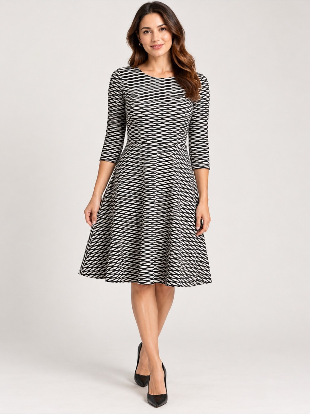 Donna Morgan Black/White Geometric Patterned Fit-and-Flare Dress Size-10 Retro